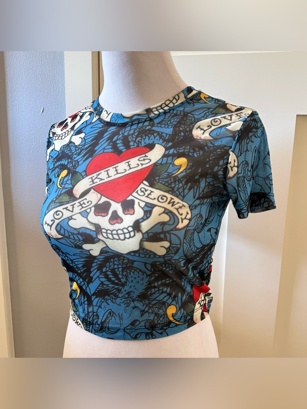 Ed Hardy Blue Mesh Crop Top Sz Small